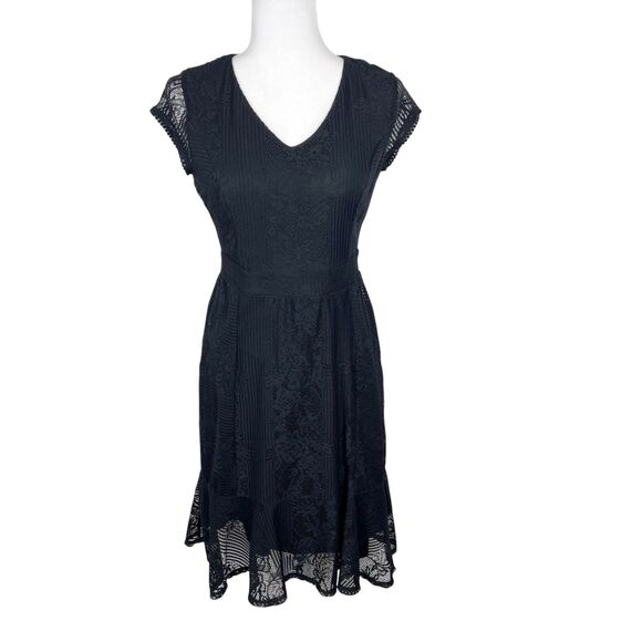 NY Collection Dress Women Extra Small Black Floral Lace Short Sleeve Fit Flare - Picture 1 of 11